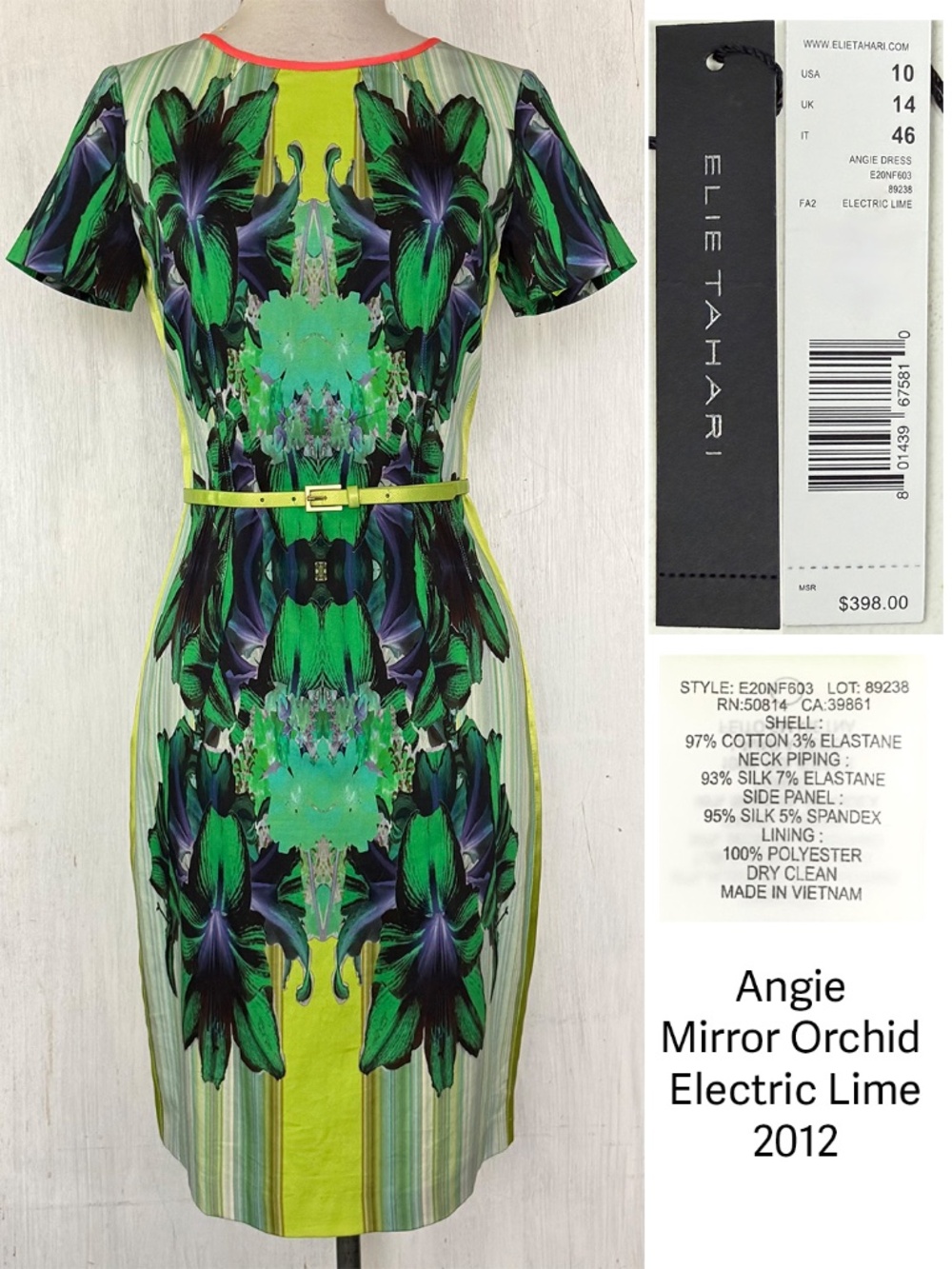 Elie Tahari NWT Angie Mirror Orchid Sheath Dress Green Lime US 10 $398